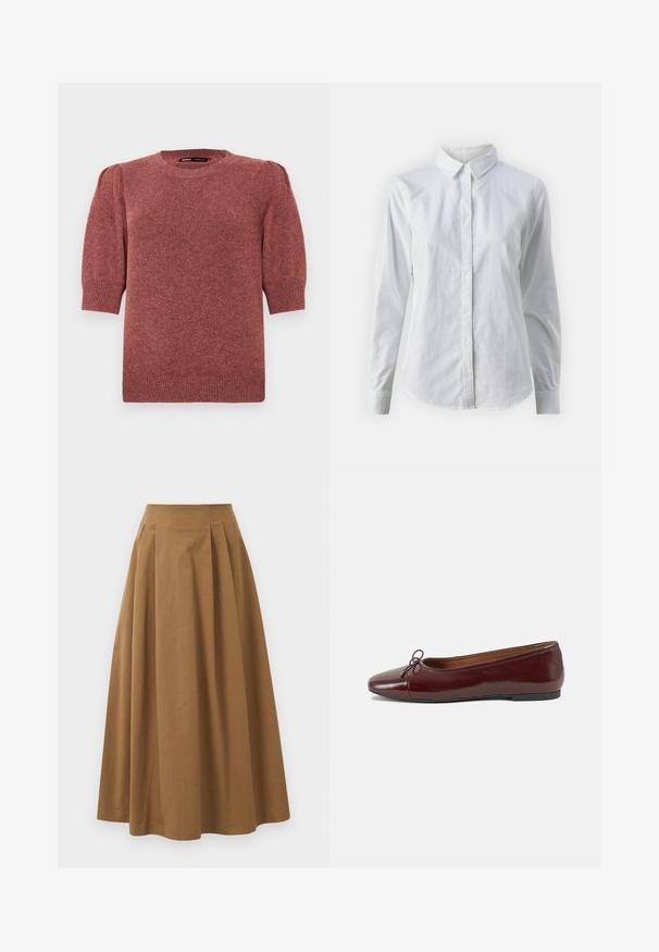 Īsām piedurknēm adīts džemperis sarkanbrūnā tonī. Tam ir apaļa dekoltē un nedaudz puffi pleci, kā arī ribotas detaļas ap apakšmalu un piedurknēm.; Balta pogājamā krekla augšdaļa, izgatavota no gluda kokvilnas, ar klasisku apkakli, garām piedurknēm un izliekto apakšmalu. Pogas ir mazas un baltas.; Brūna kokvilnas A formas svārki ar augstu jostasvietu, kurai priekšā ir krokas un gluda tekstūra. Apakšmala ir tīra un vienkārša.; Burgundijas laku ādas baleta kurpes ar noapaļotu purngalu, nelielu loku akcentu priekšā un zemu melnu gumijas zoli. Gluda tekstūra.