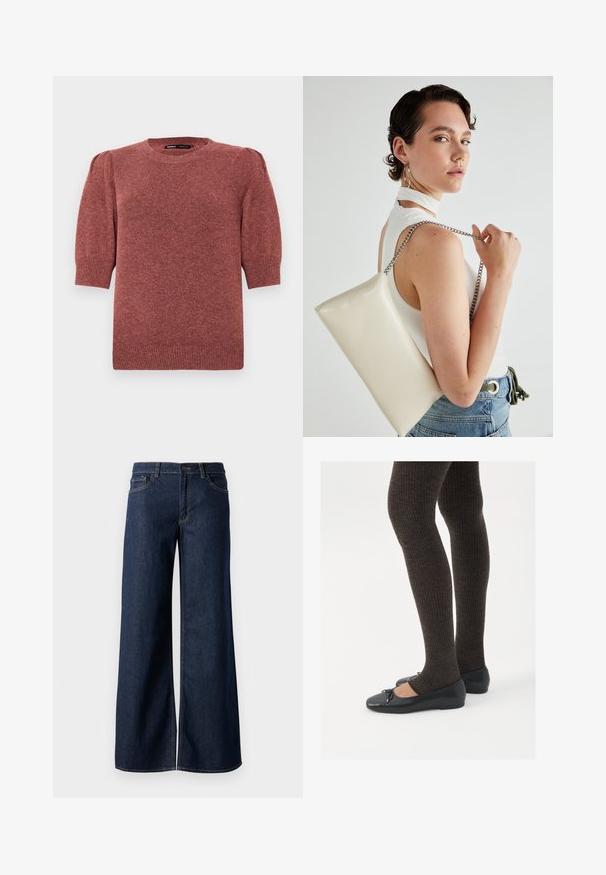 Kortärmad, stickad tröja i en rödbrun nyans. Har en rund halsringning och diskret puffade axlar med ribbad detalj vid nederkant och ärmslut.; Breda jeans i mörkblå denim. Har kontrastsömmar, fem fickor och en knappstängning vid midjan. Slät textur.; Svarta platta skor med en liten rosett vid tån, i kombination med mörkbruna ribbade strumpbyxor. Skorna har en slät yta och låg profil.; Vitt rektangulärt clutch-väsk i glänsande material, med en kedjesnor i silver. Modellen poserar och visar upp väskan mot en neutral bakgrund.