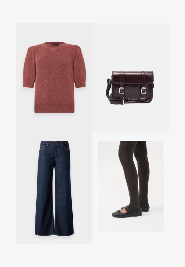 Krátký rukáv, pletený svetr v červenohnědé barvě. Má kulatý výstřih a jemně nabrané ramena s žebrovaným detailem na spodním lemu a manžetách.; Džínsy s širokými nohavicemi v tmavě modré barvě. Mají kontrastní švy, pět kapes a zapínání na knoflík v pase. Hladká textura.; Černé ploché boty s malou mašlí na špičce, kombinované s tmavě hnědými žebrovanými punčochami. Boty mají hladký povrch a nízký profil.; Burgundská lakovaná křížová taška obdélníkového tvaru, se dvěma popruhy, stříbrnými kovovými doplňky a klopovým uzávěrem.