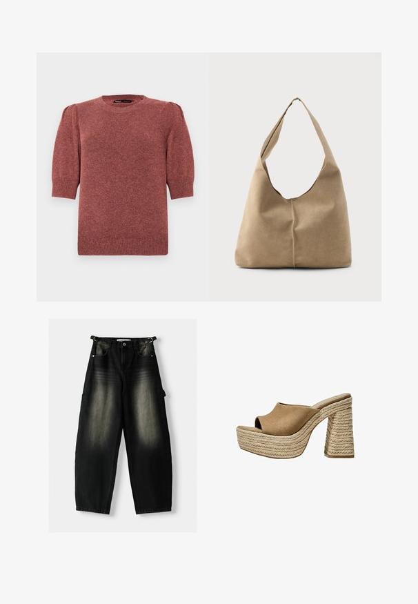 Rövid ujjú, kötött pulóver vöröses-barna árnyalatban. Kerek nyakkivágással és diszkrét puffos vállakkal rendelkezik, a hemnél és a mandzsettáknál bordázott részletekkel.; Bő fekete farmernadrág, elhalványult textúrával, öt zsebbel és egy hurkkal a derékon. A dizájn laza illeszkedést és egyenes lábakat kínál.; Barna velúr platform mules, nyitott orral, vastag, fonott juttalány sarkukkal és sima, kerek felső konstrukcióval.; Puha bézs velúr hobo táska laza formával, széles vállpánttal és kézzel varrt varrási részlettel az elején.