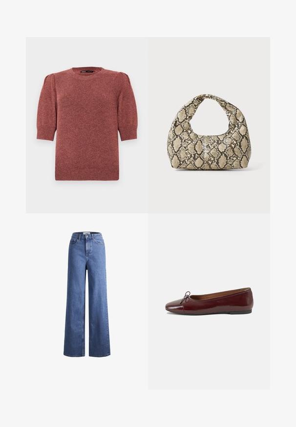 Sweater de malha de manga curta numa tonalidade castanho-avermelhada. Apresenta um decote redondo e ombros levemente bufantes, com detalhes em canelado na bainha e nas mangas.; Jeans de ganga azul claro, de perna larga e cintura alta, com dois bolsos frontais e costuras visíveis. Apresenta um fecho de botão e zíper.; Bailarinas em couro sintético borgonha com bico redondo, pequeno laço na frente e sola baixa em borracha preta. Textura suave.; Bolsa com padrão de pele de cobra e uma alça curva. Feita de materiais texturizados em bege e castanho, apresentando um padrão de diamante distintivo.