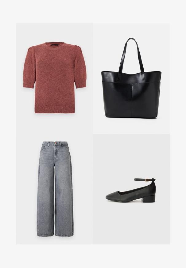 Pulover tricotat cu mânecă scurtă, într-o nuanță roșie-maro. Are un guler rotund și umeri ușor bufanți, cu detalii din tricot cu nervuri la tiv și la manșete.; Jeans din denim cu picioare largi, într-o nuanță de gri estompat, având cinci buzunare, închidere cu buton și o textură moale cu detalii subtile de uzare.; Pantof cu toc negru din piele, cu vârf ascuțit și toc mic pătrat. Dispune de o curea la gleznă cu o cataramă în tonuri de aur. Textură netedă.; Geantă oversized din piele neagră, cu două mânere lungi, de textură netedă și formă structurată. Are un buzunar frontal pentru stocare suplimentară.