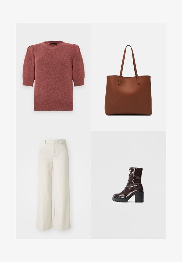 Krátky rukáv, pletený sveter v červeno-hnedej farbe. Má okrúhly výstrih a jemne nariasené ramená s rebrovaným detailom na leme a manžetách.; Široké nohavice svetlej béžovej farby, vyrobené z hladkej textílie. Majú klasický pás a rovný predok s čistými líniami.; Lesklé burgundské kotníkové boty s robustním černým podpatkem, s hladkou strukturou a jednoduchým designem. Bez viditelných zapínání nebo vzorů.; Hnedá kožená taška na rameno s hladkou textúrou, otvoreným vrchom a dvoma ramenými popruhmi. Má minimálne šitia a žiadne viditeľné kovania.
