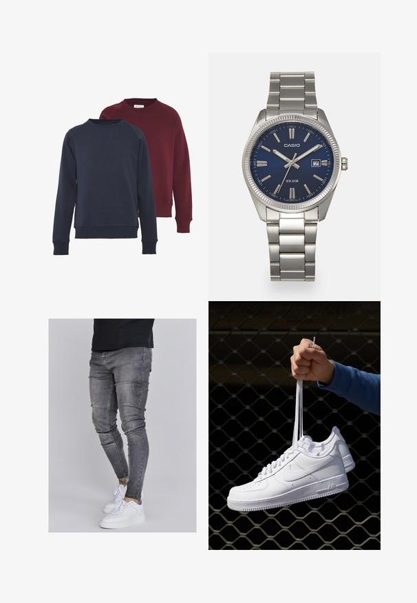 Kaks ümarapoolset kraed sweatshirt'i, üks tumesinine ja üks burgundia punane, ribitud mansettide ja hemiga, ühtse värvuse ja pehme tekstuuriga.; Kitsad teksad tuhmhall denimil, millel on kulunud detailid põlvedes, koos valgete tossudega. Sile tekstuur, kitsas lõige.; Valged nahast tennisetossud, millel on perforatsioonid, ümar nina, lame tallus ja paksud nöörid, nähtava swooshi logoga ja "AIR" kontsadel.; Hõbedane roostevabast terasest käekell, tumesinise lõpliku, metallsete tuntud numbrite ja kuupäevanäidikuga kell 3 juures. Veekindel kuni 50 meetrit.