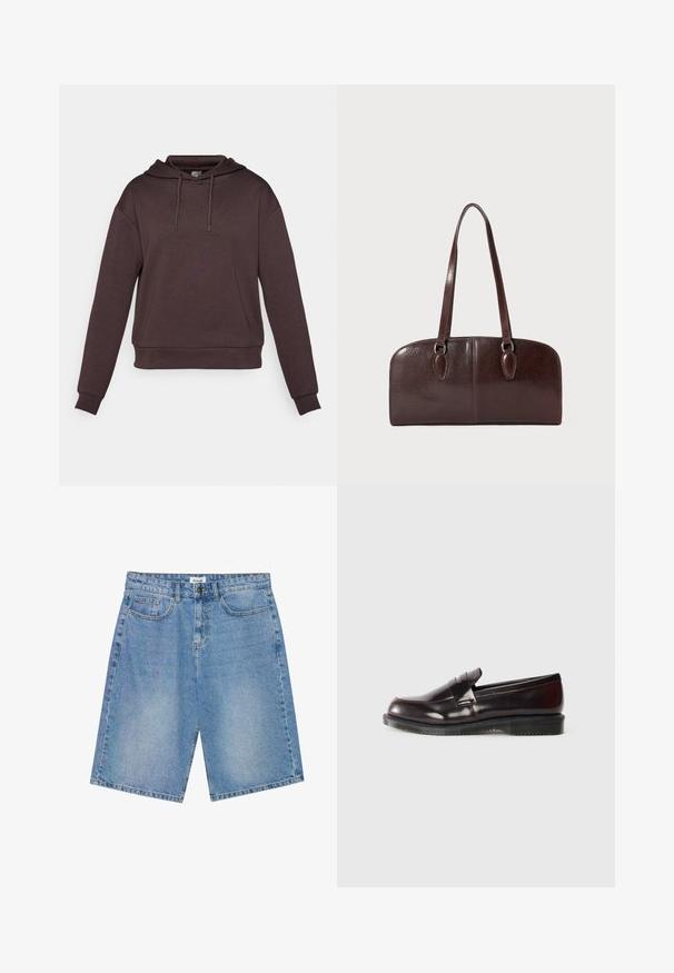 Brązowa hoodie z kapturem i długimi rękawami, wykonana z miękkiego materiału. Posiada sznurek przy kapturze oraz ściągacze u dołu i na mankietach.; Jasnoniebieskie szorty dżinsowe o prostym kroju, z pięcioma kieszeniami i kontrastowym przeszyciem. Posiadają zapięcie na guzik i zamek błyskawiczny.; Burgundowe skórzane loafersy o gładkiej powierzchni, z uniesionym detalem szwu i gumową podeszwą. Zaprojektowane z okrągłym noskiem i minimalistycznymi elementami.; Brązowa skórzana torebka z dwoma długimi uchwytami, o strukturalnym prostokątnym kształcie, gładkiej fakturze i zaokrąglonych krawędziach. Posiada akcentowane detale przy uchwytach.
