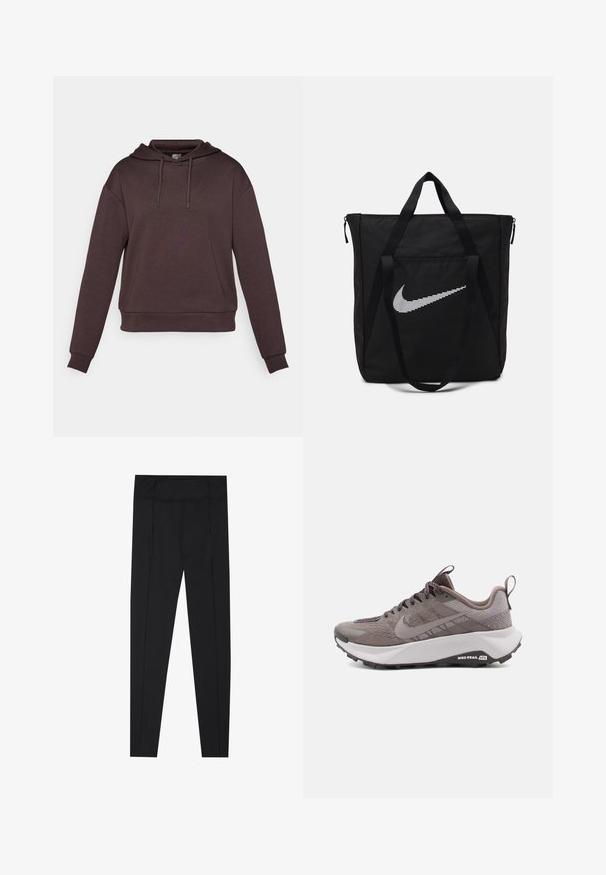 Ruda gobtuvė su ilgomis rankovėmis, pagaminta iš minkštos medžiagos. Yra raištelių gobtuvas ir gipiūrinis apvadas apačioje bei rankovėse.; Juodos leggingai, pasižymintys lygiu paviršiumi, aukštu juosmeniu ir siuvimo detalėmis šonuose. Dailiai priglustanti forma, tinkanti įvairioms veikloms.; Pilki Nike bėgimo bateliai su tekstūruotu viršumi, sustiprintu pirštu, paminkštintu viduriu ir juodu guminiu padu. Į komplektą įtrauktos raišteliai ir kilpa.; Juodas nailoninis maišas su dviem tvirtais rankenėlėmis ir užtrauktuku. Pasižymi ryškiu baltu Nike swoosh logo, esamu horizontaliai juostelėse.