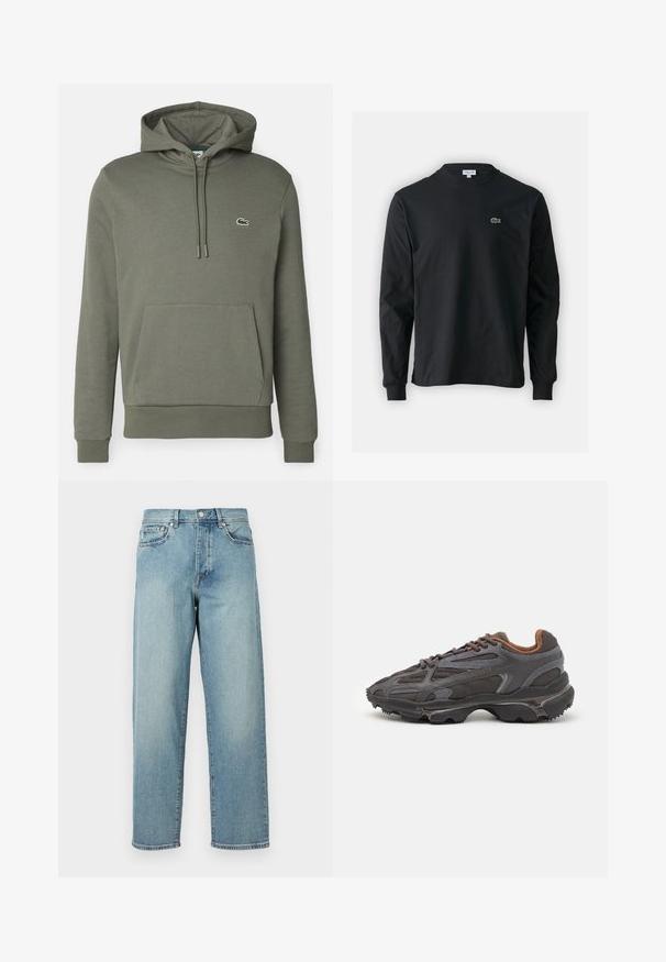 Felpa con cappuccio verde oliva realizzata in tessuto morbido, dotata di tasca a marsupio, cordino e un piccolo logo ricamato sul petto.; T-shirt a maniche lunghe nera in cotone, con scollatura rotonda e un piccolo logo di coccodrillo ricamato in verde sul lato sinistro del petto.; Jeans di denim azzurro chiaro con una vestibilità ampia, gambe dritte, design a cinque tasche e chiusura con bottone in vita. Dettagli di cucitura minimalista.; Sneaker Lacoste grigie scure in materiale mesh e sintetico, con suola testurizzata e dettagli marroni sul colletto e sul branding.