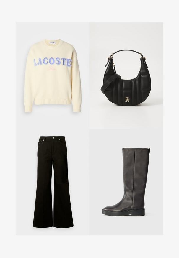 Kremfarget genser med rund hals, ribbestrikkede mansjetter og kant. "LACOSTE" i fuzzy blå bokstaver og "Paris" i myk rosa sentrert på fronten.; Svarte jeans med høyt liv og vide ben, foran med knapper og glidelås, beltehemper og fem lommer, inkludert en liten myntlomme.; Svart lærsko med knelange skaft og tykk såle, med en diskret Calvin Klein-logo nær den øverste kanten, vist fra siden.; Svart skinnhåndveske med en buet form, kviltet tekstur og gullhardware. Har en avtagbar skulderrem og logo-detaljer.