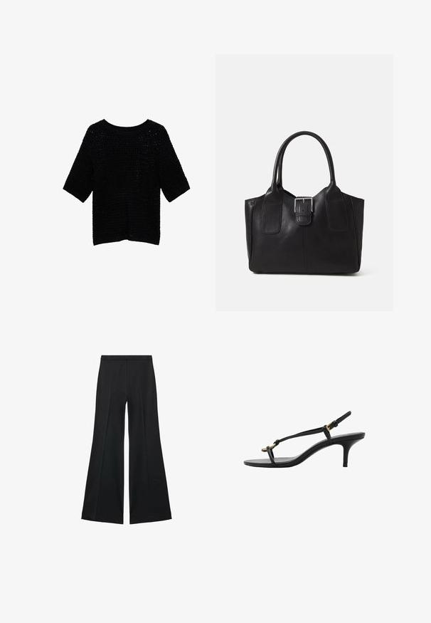 Czarny sweter dzianinowy z krótkimi rękawami, szerokim dekoltem i luźnym krojem. Posiada teksturowany wzór z otwartymi oczkami.; Czarne spodnie o szerokich nogawkach z gładką teksturą, z przodu ozdobione zakładkami i skrojonym fasonem. Materiał jest lekki i zwiewny.; Czarne skórzane sandały na koturnie z cienkimi paskami, złotą klamrą i minimalistycznym pętelką na palce na białym tle.; Czarna skórzana torba tote o gładkiej fakturze, usztywnionym kształcie, dwóch uchwytach oraz wyraźnym srebrnym zapięciu na przodzie.