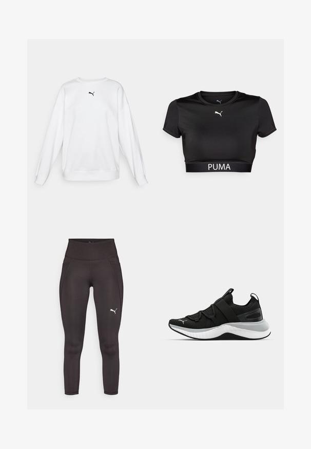 Sweatshirt branco feito de tecido suave, apresentando um pescoço redondo, mangas longas e um pequeno logótipo preto da Puma no peito.; T-shirt cropped preto feito de tecido suave, com decote redondo, mangas curtas e um logo da PUMA em branco na faixa.; Leggings atléticas pretas feitos de um material elástico, com uma cintura alta, apresentando bolsos laterais e um logótipo branco na perna esquerda.; Sapatilha atlética preta com um upper texturizado, tiras elásticas e uma entressola grossa branca. Apresenta um detalhe cinza ao longo da sola.
