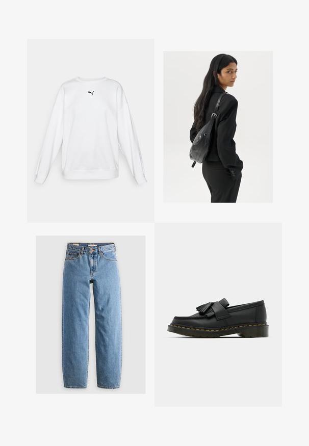Fehér, puha anyagból készült pulóver, kerek nyakkal, hosszú ujjakkal és egy kis fekete Puma logóval a mellkason.; Világoskék farmernadrág egyenes szárú dizájnnal, öt zsebbel, cipzáras nyitással és finom kopott textúrával. Klasszikus stílus minimális hardver használattal.; Fekete bőr loaferek, lekerekített orral, frufru részlettel és díszes pánttal az elején, vastag sarokra szerelve.; Hosszú, sötét hajú nő fekete öltönyben, fekete bőrtáskával a vállán, a vállán át néz a fehér háttér előtt.