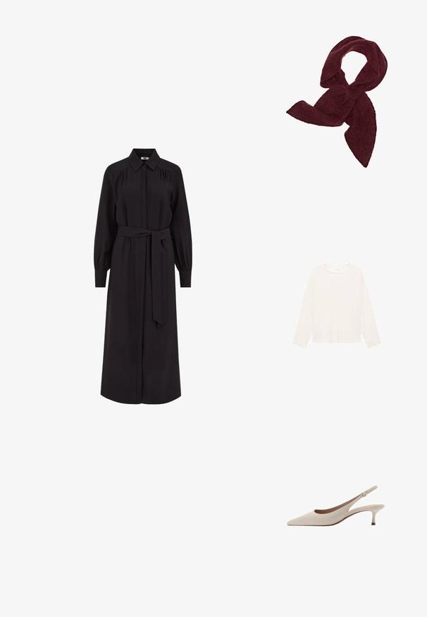 Světle krémová košile s dlouhým rukávem vyrobená z jemné tkaniny, má kulatý výstřih a volný střih. Jednoduchý design bez viditelných vzorů nebo akcentů.; Dlouhé černé šaty s límečkem, předním zapínáním na knoflíky, dlouhými nafouklými rukávy a tkaničkou v pase. Vyrobeno z hladkého materiálu.; Béžové lodičky na podpatku s špičatou špičkou a nízkým rozšířeným podpatkem. Vyrobené z hladké kůže s minimalistickým designem a nastavitelným páskem.; Burgundská šála vyrobená z měkké, strukturované tkaniny; má prodloužený tvar s špičatými konci, ideální pro omotání nebo uvázání.; Hnědá kožená kabelka s texturovaným povrchem, která má zlatý kovový klip a jeden zakřivený ramenní popruh.