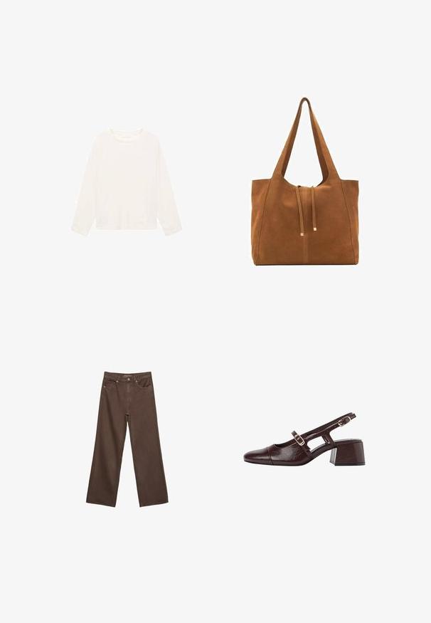Dlhý rukáv svetlo krémovej košele vyrobený z mäkkej tkaniny, s okrúhlym výstrihom a voľným strihom. Jednoduchý dizajn bez viditeľných vzorov alebo akcentov.; Džínsy s širokými nohavicami v hnedej farbe, vyrobené z denimu, so zvýšeným pásom, prednými vreckami a klasickým zapínaním na gombík. Hladká textúra s jemným prešívaním.; Hnedé kožené sandále na podpätku so štvrtkovým špičkou, vyrezávanými bokmi a blokovým podpätkom. Obsahujú pracku na pásiku okolo členka.; Hnedá semišová taška cez rameno s dvoma dlhými popruhmi, sťahovacou šnúrkou a minimalistickým dizajnom. Hladký povrch a žiadne viditeľné kovové doplnky.