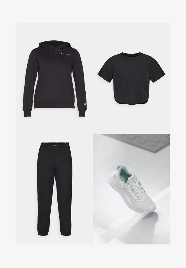 Champion ICONS HOODIE CONTRAST LOGO SMALL - Felpa con cappuccio - black; Maglietta nera corta realizzata in materiale morbido, con scollatura rotonda, maniche corte e vestibilità comoda. Dettagli di cuciture sottili.; Champion C-TECH CUFFED PANTS INTERLOCK - Pantaloni sportivi - black; Scarpa sportiva grigio chiaro con tomaia in maglia testurizzata, dettagli verde menta, lacci bianchi, suola in gomma e linguetta sul tallone.