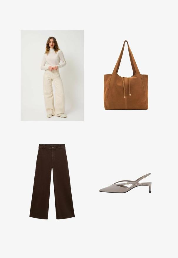 Maglione a collo alto di colore crema chiaro abbinato a pantaloni beige a vita alta e gamba larga. Il tessuto sembra morbido; il fit è rilassato. Calzature casual completano il look.; Top corto a maniche corte color beige con scollo rotondo e texture morbida, caratterizzato da un design aderente che esalta la forma e i contorni.; Pantaloni larghi marroni in misto cotone, caratterizzati da orlo sfrangiato, chiusura frontale con bottone e classico design a cinque tasche. Minimalisti e versatili.; Tacchi slingback beige con punta affusolata, sottili cinturini incrociati e tacco a stiletto corto. Tessuto liscio con inserti in hardware dorato.; Borsa a tracolla in suede marrone con due lunghe cinghie, chiusura con cordoncino e design minimalista. Texture liscia e senza elementi hardware visibili.