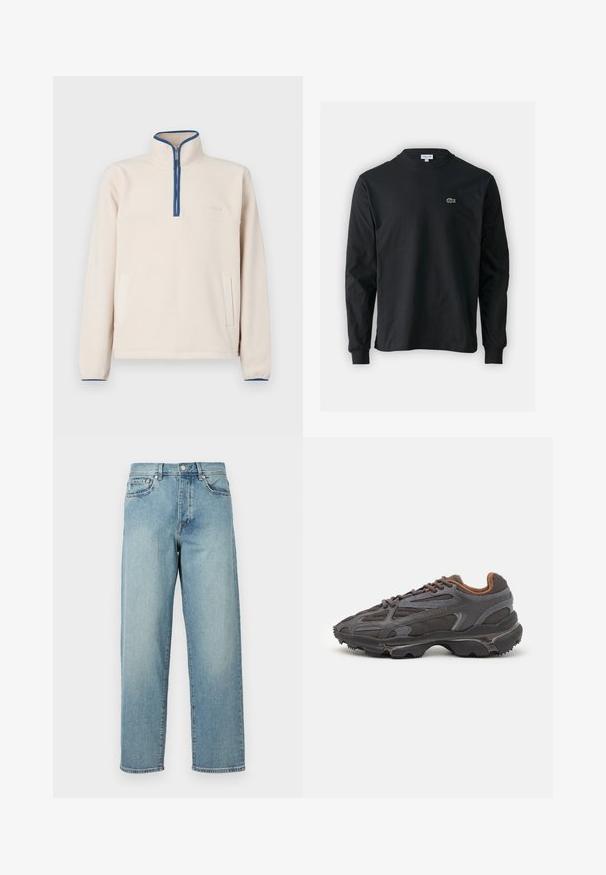Hellbeige Fleece-Pullover mit hohem Kragen, halbem Reißverschluss, blauen Akzenten entlang des Halsausschnitts und zwei seitlichen Taschen. Weicher Stoff.; Schwarzes Langarm-T-Shirt aus Baumwolle, mit Rundhalsausschnitt und einem kleinen grünen, gestickten Krokodil-Logo auf der linken Brust.; Hellblaue Denim-Jeans mit lockerer Passform, geraden Beinen, fünf Taschen im Design und einem Knopfverschluss an der Taille. Minimalistische Nähdetails.; Lacoste Sneaker in Dunkelgrau aus Mesh und Synthetikmaterial, mit einer strukturierten Sohle und braunen Akzenten am Kragen und Logo.