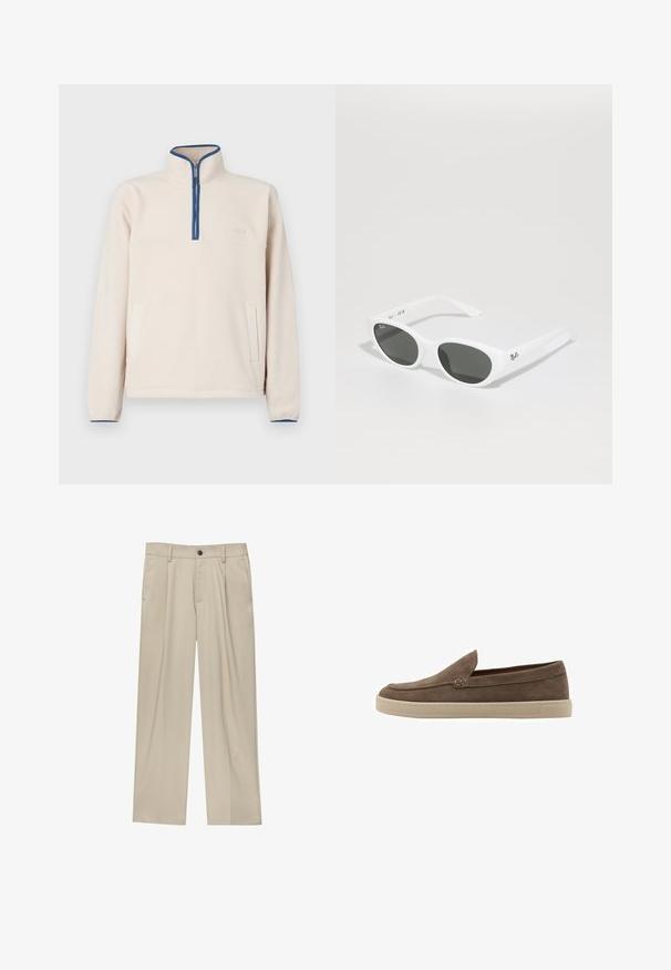 Pullover in pile beige chiaro con colletto alto, zip a metà, dettaglio blu lungo la scollatura e due tasche laterali. Texture morbida.; Pantaloni beige a taglio dritto, con un solo bottone nero, passanti per la cintura e tasche laterali. Tessuto dalla texture liscia e design minimale.; Scarpe slip-on in suede marrone con punta arrotondata a profilo basso e suola in gomma color crema. Cuciture minime e superficie liscia.; Occhiali da sole bianchi con montatura arrotondata e lenti scure. Presentano una superficie in plastica liscia e un piccolo logo sulla tempia.