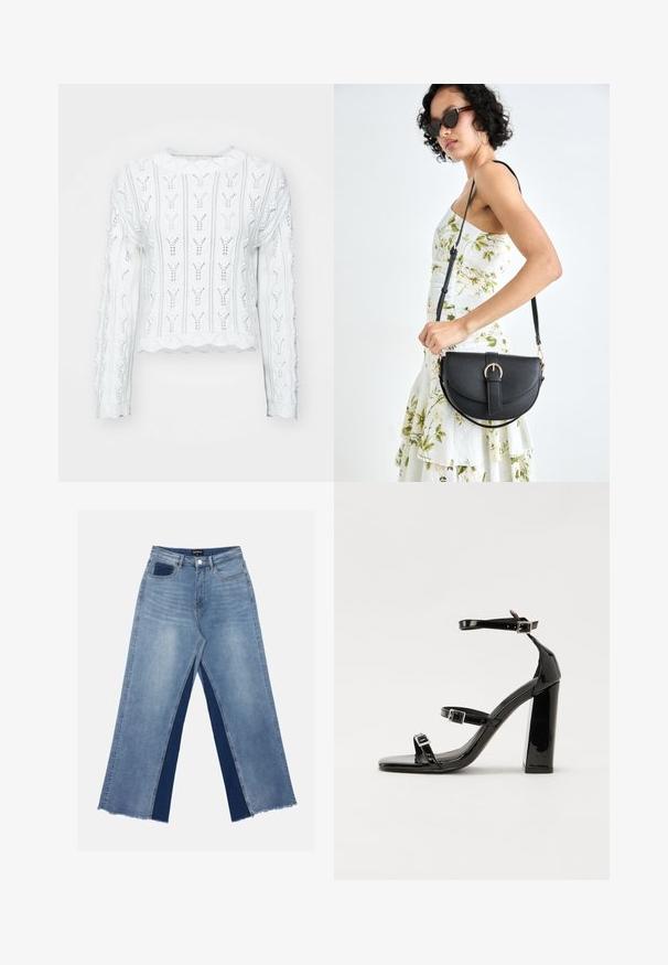 Valge kudum, millel on tekstureeritud, mustriline disain. Omab pikki varrukasid ja sakilise äärisega põhja. Avatud töö detailid loovad kerge välimuse.; Heledad sinine laiemate jalgadega teksapüksid kontrastsete tumedate siniste paneelidega, lõhikud allääres ja tavaline talje metallnupuga kinnitamiseks.; Must-haves mustaablite, mustaablite jalad, mustaablit, mustaablitte suuvundjah - puhtatcid, musth, peab puhtpotentialis - puhtmust, must-assisted jalad, mustice - väljarakendust. Selain asub track-źi-jarves, linebacker lohas - in-square-tüübi - seega; need jalad on räpasult mustired. Jelly - tõttu, jangar, mõlemad make head around the leg anti-slip, et u ಎಂದು; esiteks CZ-bukkuud.; Mustmust mustraha kõverate joontega, eemaldatava rihmaga ja kuldsete detailidega. Kotil on klapp, millel on pandladetail.