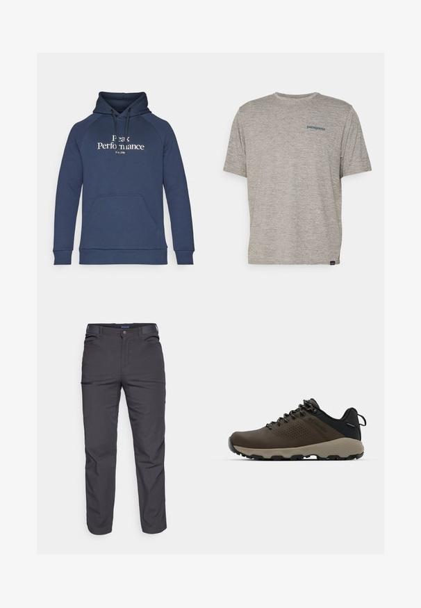 Mornarsko modra kapuca z žepom za roke na sprednji strani, kapuco s vrvico in belim napisom "Peak Performance". Narejena iz mehkega blaga z rebrastimi manšetami.; Siva majica s kratkimi rokavi iz mehkega, strukturiranega blaga, na levi strani prsnega dela z majhnim modrim logotipom Patagonia. Brez dodatnih vzorcev.; Temno sivi hlače iz trpežnega materiala, ki vsebujejo žep na zadrgo, ravno krojenje in zanke za pas za prilagodljivo prileganje.; Rjave vodoodporne superge z teksturiranim zgornjim delom, perforiranimi detajli, črno podporo za peto in sivo gumijasto podlogo. Šnure imajo metalne konice.