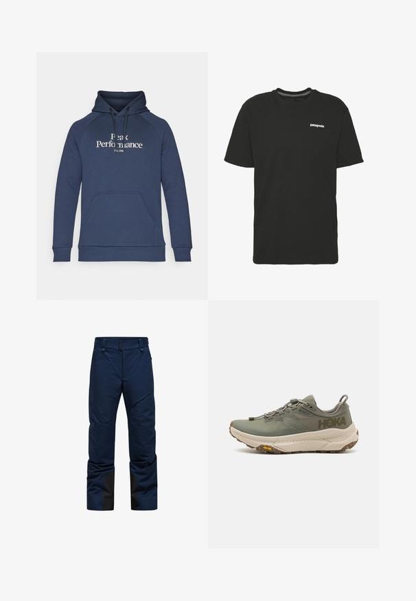 Tamno plava dukserica s prednjim kenguruzim džepom, kapuljačom s uzicom i bijelim "Peak Performance" natpisom. Izrađena je od mekog materijala s rebrastim manžetama.; Crna pamučna majica s kratkim rukavima, okruglim izrezom i malim bijelim logotipom "Patagonia" na prsima. Jednostavan, neukrašen dizajn.; Navy plave skijaške hlače s glatkom teksturom, podesivim strukom s čičkom i crnim detaljima na donjem dijelu nogavica za izdržljivost i stil.; Zelena Hoka trkačka cipela s Gore-Tex gornjištem, teksturiranim detaljima, elastičnim vezicama i debelim bež potplatom s Vibram logom.