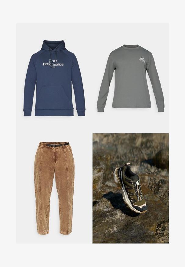 Hoodie bleu marine avec une poche kangourou à l'avant, un capuchon avec cordon de serrage, et le texte blanc "Peak Performance". Fabriqué en tissu doux avec des poignets côtelés.; Chemise à manches longues en tissu gris, avec un col rond et un logo graphique blanc sur la poitrine gauche. Texture lisse et design simple.; Pantalons en velours côtelé marron avec une surface texturée, dotés d'une ceinture noire ajustable, de poches latérales et d'une coupe décontractée. Les pantalons se resserrent vers les chevilles.; Chaussure de randonnée en vert olive et noir avec des accents roses. Elle présente un dessus texturé, une semelle flexible, une coque avant renforcée et un système de laçage coloré.