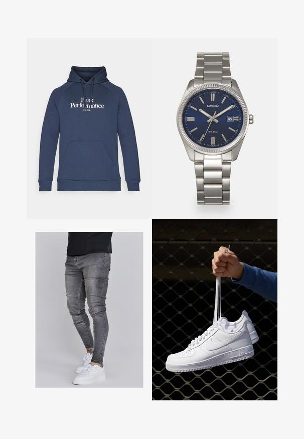 Marinblå hoodie med ficka fram, dragsko i huvan och vit text "Peak Performance". Tillverkad av mjukt material med ribbade ärmslut.; Smala jeans i blekt grå denim, med slitna detaljer vid knäna, kombinerat med vita sneakers. Slät struktur, slim fit-design.; Vita lädersneakers med perforeringar, rund tå, platt sula och tjocka snörning, med en synlig swoosh-logga och "AIR" på hälen.; Snygg klocka i silverfärgad rostfritt stål med en marinblå urtavla, metalliska timmarkörer och en datummarkering vid klockan tre. Vattentålig ner till 50 meter.