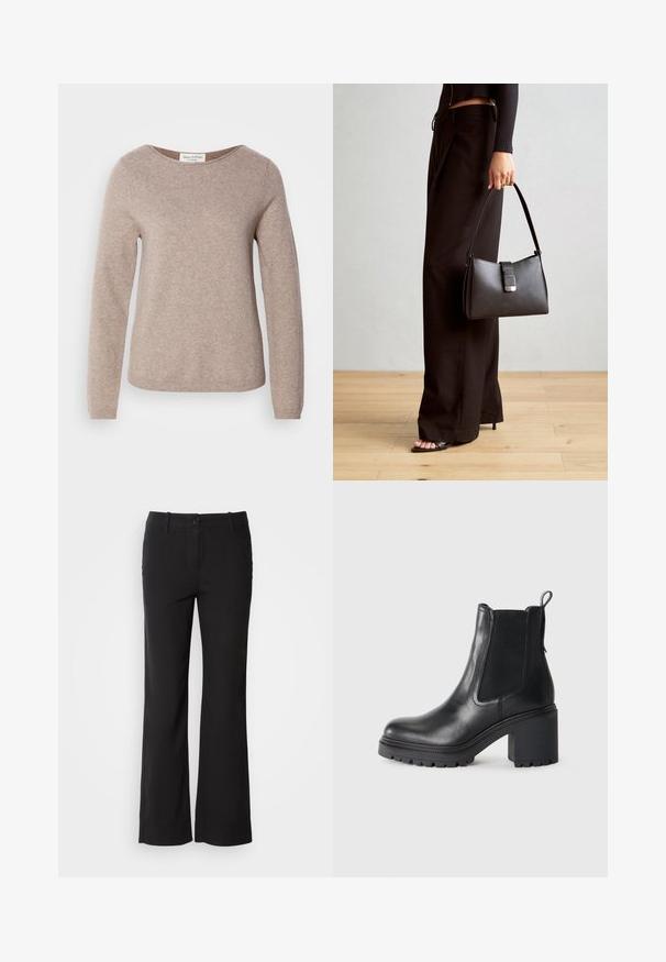 Marc O'Polo LONGSLEEVE ROUND NECK - Vesta - shaded brown melange; Crne hlače od pamučne mješavine ravnog kroja, s prednjim kopčanjem na gumb i dva bočna džepa. Glatka tekstura, bez vidljivih uzoraka.; Crne kožne gležnjače s debelim potpeticama, elastičnim bočnim panelima i petnom petljom. Teksturirana potplat za dodatno prianjanje.; Crna torba s oblikom koji sadrži strukturu, glađu teksturu i metalnu kopču. Uparena s širokim crnim hlačama i sandalama na otvorenom s drvenog poda.