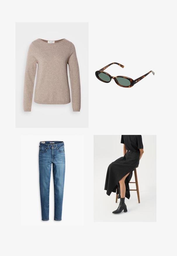 Marc O'Polo LONGSLEEVE ROUND NECK - Maglione - shaded brown melange; Jeans skinny a vita alta in denim azzurro chiaro. Presentano cinque tasche, chiusura con bottone frontale e un classico dettaglio di cucitura in tutta la superficie.; Gonna maxi in lino nera con uno spacco alto, indossata con una t-shirt nera e stivaletti neri. Design minimalista con una vestibilità rilassata.; Occhiali da sole tartarugati con montatura ovale e lenti verdi. Presentano aste sottili con un accento metallico vicino alle cerniere.