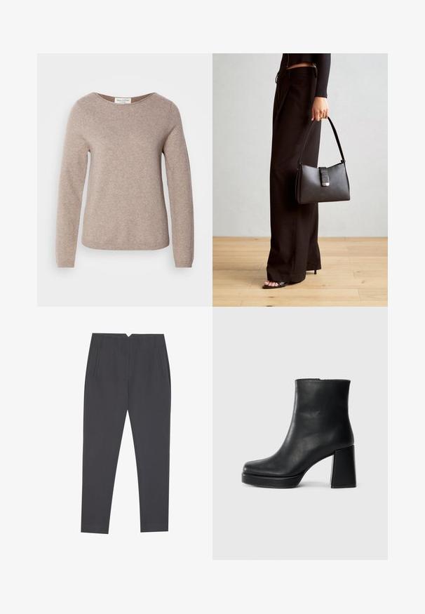 Marc O'Polo LONGSLEEVE ROUND NECK - Jumper - shaded brown melange; Dark gray tapered trousers with side pockets and front pleats, designed for a tailored fit.; Black leather ankle boot with a block heel and platform sole, viewed from the side on a plain white background.; Black handbag with structured shape, smooth texture, and a metallic clasp. Paired with wide black pants and open-toe sandals on wooden floor.