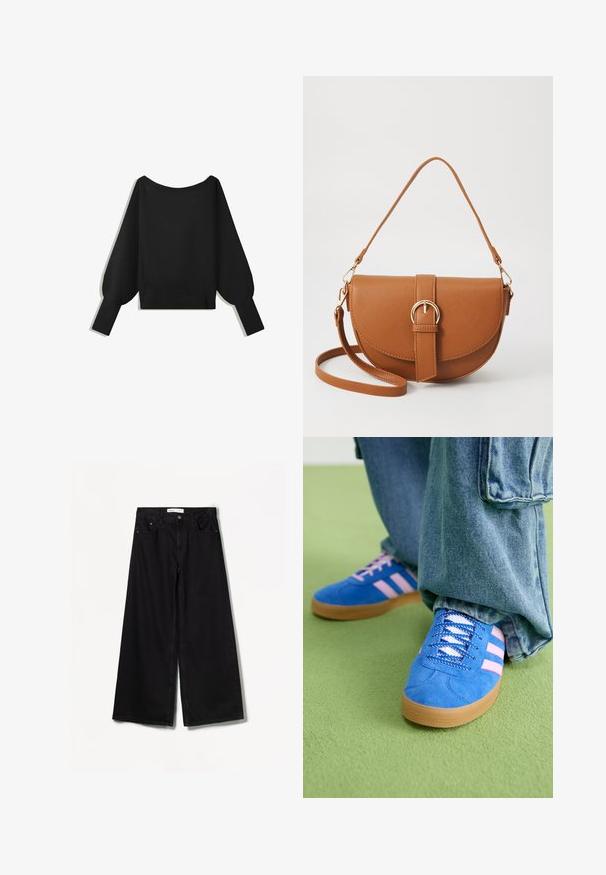 Černý pletený svetr s širokým, odhalujícím ramena, dlouhými balónovými rukávy a žebrovaným lemem. Hladký povrch, zkrácený střih, bez vzorů.; Bershka WIDE-LEG - Wide leg - black; Modré semišové boty s růžovými pruhy a bílými tkaničkami, vybavené gumovou podrážkou, spárované s volnými džínovými kalhotami na zeleném povrchu.; Hnědá kožená křížová taška s zakřiveným tvarem, zlatými detaily a akcentem s přezkou. Obsahuje odnímatelný popruh na rameno.