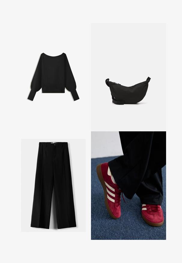 Czarny dziany sweter z szerokim, opadającym na ramiona dekoltem, długimi balonowymi rękawami i prążkowanym wykończeniem. Gładka tekstura, krótki fason, bez wzorów.; Czarne spodnie szerokie, wykonane z lekkiego materiału, z zapięciem na guzik z przodu i gładkim przodem, z starannie wykończonymi brzegami.; Czerwone zamszowe tenisky z białymi paskami, z zapięciem na sznurówki i teksturowaną brązową gumową podeszwą. Noszone z czarnymi spodniami, na tle niebieskiego dywanu.; Czarna torebka crossbody z wyprofilowanym kształtem, zamkiem błyskawicznym, regulowanym paskiem oraz małą boczną kieszonką na dodatkowe akcesoria.