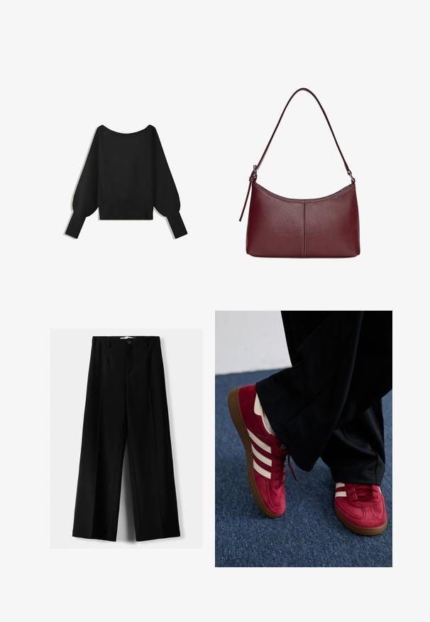 Černý pletený svetr s širokým, odhalujícím ramena, dlouhými balónovými rukávy a žebrovaným lemem. Hladký povrch, zkrácený střih, bez vzorů.; Černé široké kalhoty z lehkého materiálu s předním zapínáním na knoflík a hladkým předním dílem, s pečlivě přišitými lemy.; Červené nubukové tenisky s bílými pruhy, šněrovací design a textura hnědé gumové podrážky. Noseny s černými kalhotami na modrém koberci.; Vínová kožená kabelka s zakřiveným tvarem, jediným ramenním popruhem a prošíváním ve středu. Hladký povrch, minimální kovové prvky.