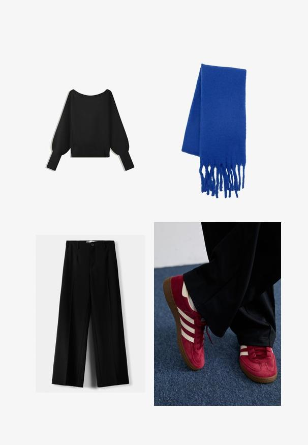 Pulover negru tricotat cu decolteu larg, off-shoulder, mâneci lungi tip balon și margine rib knit. Textură netedă, croială scurtă, fără tipare.; Pantaloni negri cu picior larg, fabricați dintr-un material ușor, cu închidere frontală cu nasture și față plată, având tivuri cusute cu atenție.; Adidași din suede roșu cu dungi albe, design cu șireturi și talpă din cauciuc texturat maro. Purtați cu pantaloni negri, pe un covor albastru.; Fular din lână albastră, cu o textură moale, având capete franjurate. Designul este clasic și rectangular, punând în evidență culoarea sa vibrantă.