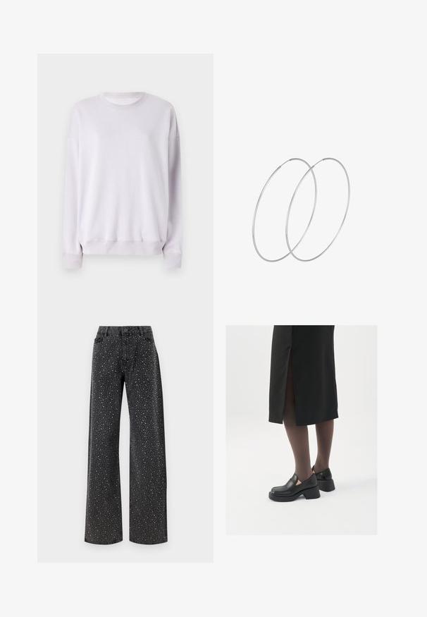 Ljuslila långärmad sweatshirt med rund halsringning, ribbade ärmslut och avslut. Tillverkad av mjukt tyg med en slät yta.; Noisy May NMJANNEL LOOSE - Jeans relaxed fit - black denim; Svarta läderskor med rund tå, tjock klack utan häl och elastiska sidodetaljer, kombinerat med mörka strumpbyxor och en svart kjol med slits.; Silverfärgade hoopörhängen med en minimalistisk design. Cirkulär form, slät yta och tunn profil. Lätta med en polerad finish.