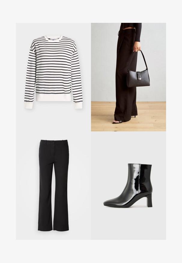 White sweatshirt with navy stripes, long sleeves, round neckline, and ribbed cuffs and hem. Soft fabric, relaxed fit, minimalistic design.; Black cotton blend trousers with a straight-leg design, front button closure, and two side pockets. Smooth texture, no visible patterns.; Black patent leather ankle boot with a pointed toe and a mid-height block heel. Smooth texture and minimalist design.; Black handbag with structured shape, smooth texture, and a metallic clasp. Paired with wide black pants and open-toe sandals on wooden floor.