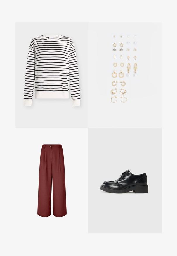 White sweatshirt with navy stripes, long sleeves, round neckline, and ribbed cuffs and hem. Soft fabric, relaxed fit, minimalistic design.; Wide-leg trousers in a rich burgundy color, made of smooth fabric. Features a waistband, front pleats, and a single button closure.; Black leather oxford shoe with a rounded toe, lace-up design, and a thick black rubber sole. Smooth texture and minimal stitching details.; Set of gold-tone earrings featuring various designs, including studs, hoops, and dangling pieces with pearls and rhinestones.