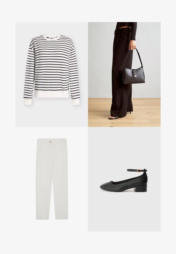 Bijela dukserica s tamnoplavim prugama, dugim rukavima, okruglim izrezom i rebrastim manšetama i rubom. Mekani materijal, opušteni kroj, minimalistički dizajn.; Bijele, krojene hlače ravnog kroja, s kopčanjem na dugme, petljama za remen i bočnim džepovima; glatka tekstura tkanine.; Crne kožne pumpe s oštrim vrhom i niskom blok petom. Sadrže remen oko gležnja s zlatnim kopčanjem. Glatka tekstura.; Crna torba s oblikom koji sadrži strukturu, glađu teksturu i metalnu kopču. Uparena s širokim crnim hlačama i sandalama na otvorenom s drvenog poda.