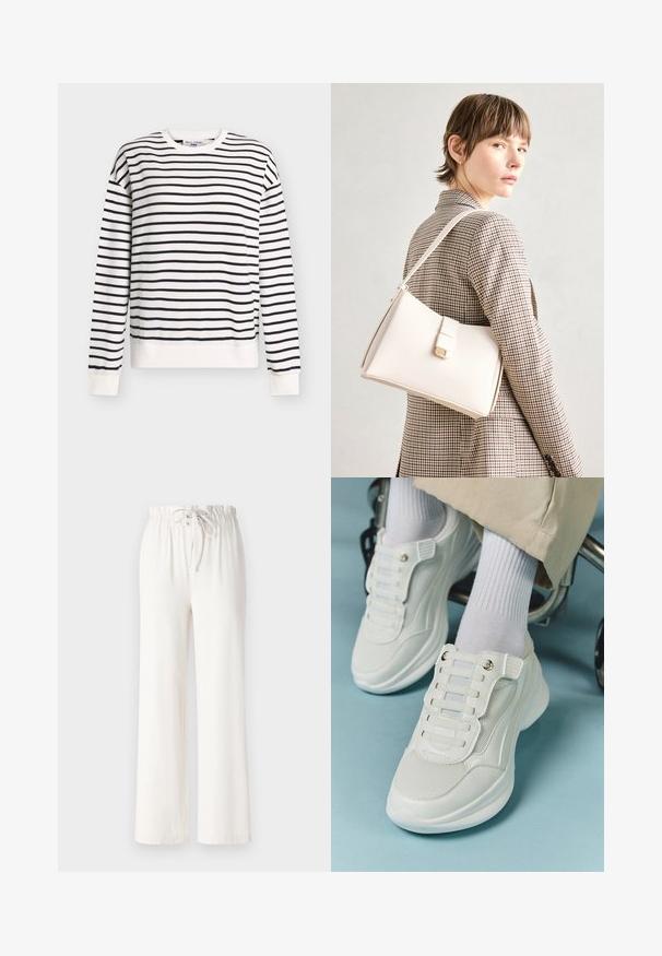 Sweat-shirt blanc avec des rayures bleu marine, manches longues, col rond, poignets et ourlet côtelés. Tissu doux, coupe décontractée, design minimaliste.; Pantalon large blanc en tissu doux, avec une taille à cordon de serrage et une texture lisse. Aucun motif ni embellissement visible.; Baskets blanches avec un matériau en maille, semelle en caoutchouc, design sans lacets avec des bandes élastiques et accents dorés.; Sac à main en cuir blanc au design structuré, doté d'un fermoir magnétique et d'une bandoulière, présenté sur un fond neutre.