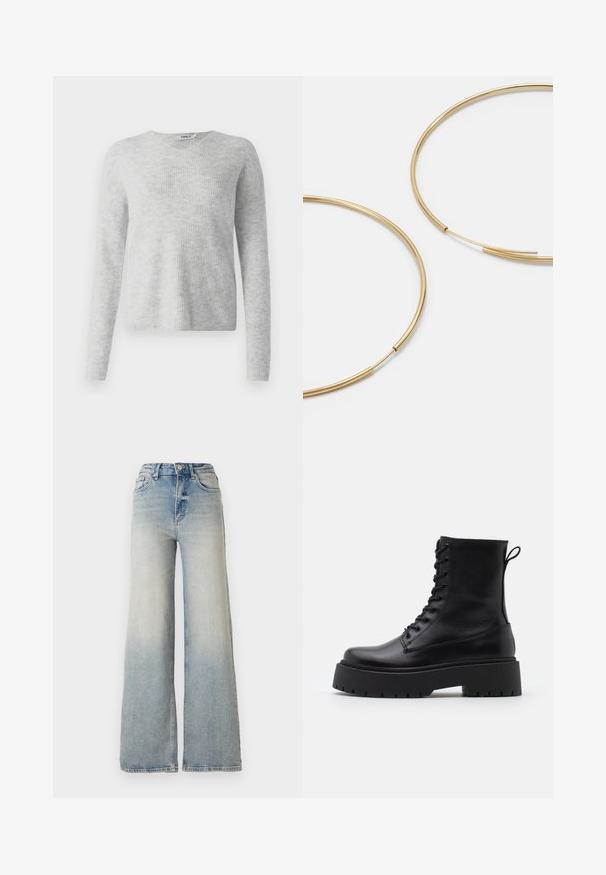 Grijze gebreide trui met een geribbelde textuur, lange mouwen en een V-hals ontwerp. Eenvoudig en minimalistisch uiterlijk.; Lichtblauwe wijdlopende spijkerbroek van denim, met een hoge taille, vijf zakken en zichtbare stiksels langs de naden.; Zwarte leren enkelboots met een ronde neus, vetersluiting aan de voorkant en een dikke rubberen zool met een gestructureerd profiel. Trekbandje aan de achterkant.; Gouden oorringen, dun en rond van vorm, met een gladde metallic afwerking en zonder versieringen of patronen.