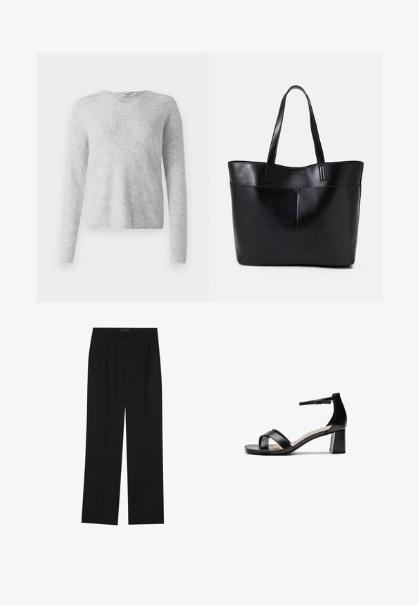 Szürke kötött pulóver bordázott textúrával, hosszú ujjakkal és V-nyakú kialakítással. Egyszerű és minimalista megjelenés.; Fekete nadrág egyenes szárú kialakítással, két első zsebbel és derékrésszel. Simának és könnyű anyagból készült.; Fekete, nyitott orrú, sarokkal ellátott szandál keresztbe tett pántokkal, állítható bokapánttal és vastag sarokkal, sima bőrtapintással.; Fekete bőr bevásárlótáska két hosszú fogantyúval, sima felülettel és strukturált formával. Elülső zseb található rajta a plusz tárolás érdekében.