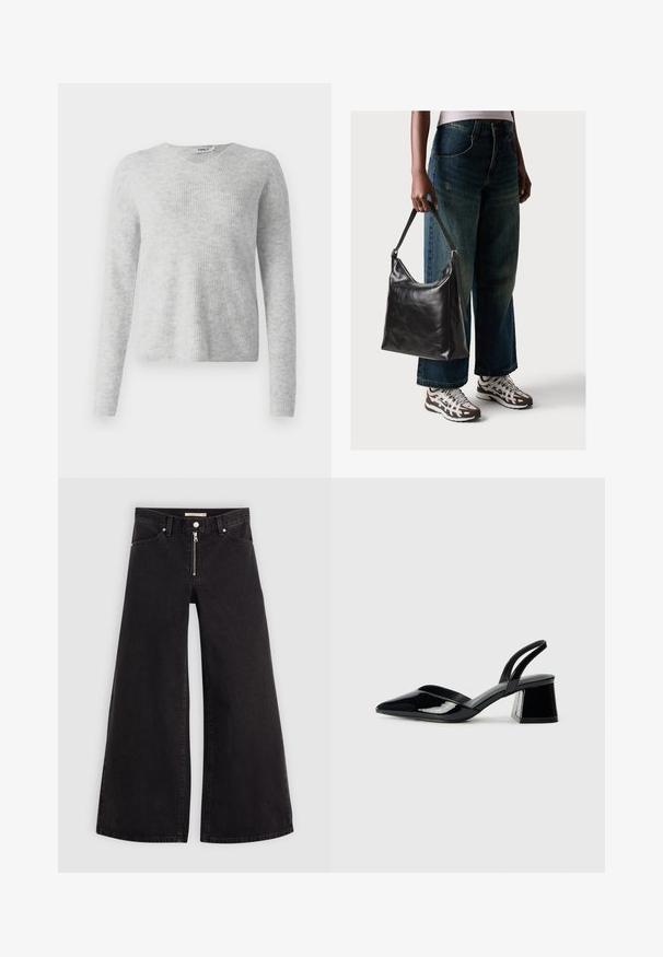 Suéter cinza de malha com textura canelada, mangas longas e decote em V. Aparência simples e minimalista.; Calças de ganga de perna larga em denim preto com fecho éclair à frente, design de cinco bolsos e detalhes de costura subtil. Textura suave e estilo casual.; Sandy em verniz preto com salto slingback, ponta afilada e salto geométrico. Apresenta um design elegante e minimalista com textura suave.; Bolsa de ombro em couro preto com textura suave e alça ajustável, combinada com jeans de perna larga desbotados e ténis desportivos.