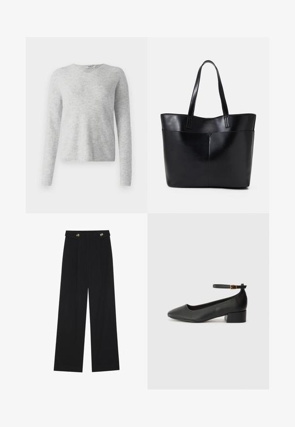 Gray knit sweater with a ribbed texture, long sleeves, and a V-neck design. Simple and minimalistic appearance.; Black wide-leg trousers with high waist, button details on waistband, and front pleats.; Black leather pump with a pointed toe and a low block heel. Features an ankle strap with a gold-tone buckle. Smooth texture.; Black leather tote bag with two long handles, a smooth texture, and a structured shape. Features a front pocket for additional storage.