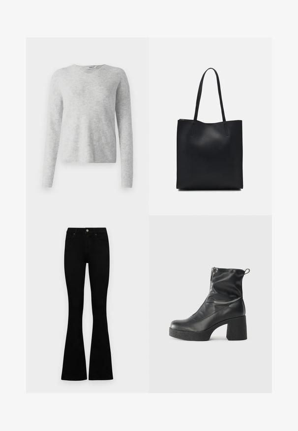 Grå strikkegenser med ribbet tekstur, lange ermer og V-hals design. Enkel og minimalistisk utseende.; Sorte høytlivsjeans med knapp og glidelås, frontlommer og utsvingte bein liggende flatt på en hvit bakgrunn.; Svarte ankelstøvler laget av glatt lær, med glidelås på siden, chunky strukturert hæl, og rund tå-design.; Svart lær tote bag med glatt tekstur, rektangulær form og to lange håndtak. Ingen synlige deler eller dekorasjoner.