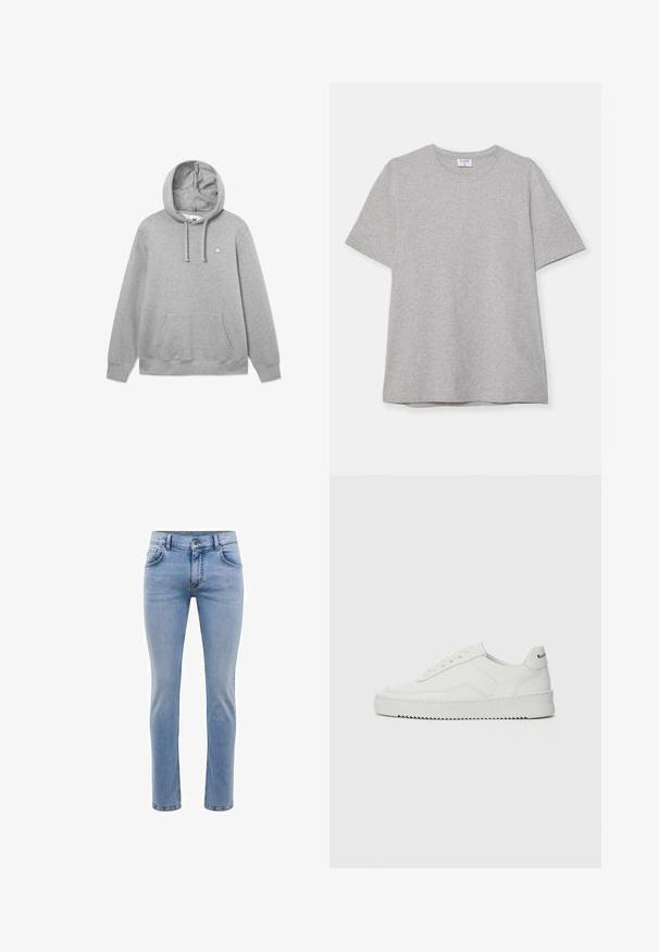 Grauer Baumwoll-Hoodie mit einer großen Kängurutasche vorne, Kapuze mit Zugband und kleinem Logo auf der Brust. Weicher Stoff und lässige Passform.; Graues T-Shirt mit kurzen Ärmeln aus weichem, strukturiertem Stoff. Verfügt über einen klassischen Rundhalsausschnitt und einen geraden Saum, geeignet für legere Trageanlässe.; Hellblaue, slim-fit Jeans aus Denim mit fünf Taschen und geradem Bein. Mit Reißverschluss und Gürtelschlaufen ausgestattet. Weicher Stoff.; Weiße Ledersneaker mit glatter Oberfläche, runder Zehenpartie, flachen Schnürsenkeln und strukturiertem Sohlenprofil. Mit einem dezenten Logo an der Ferse.