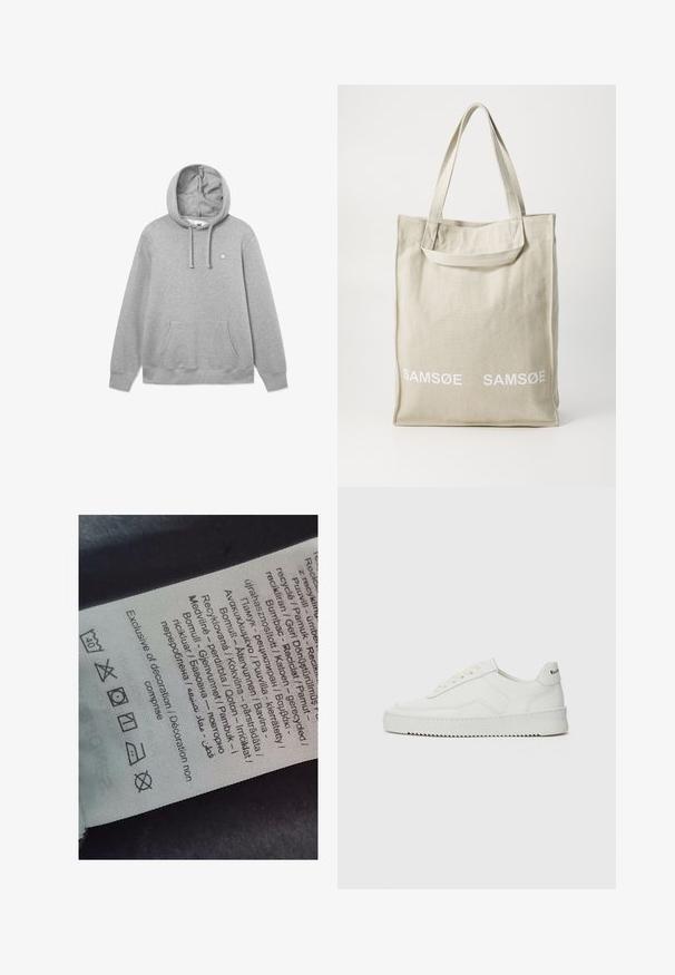 Felpa grigia in cotone con tasca a marsupio frontale, cappuccio con cordoncino e piccolo logo sul petto. Texture morbida e vestibilità comoda.; Etichetta con testo multilingue, simboli di cura e icone di riciclo, stampata su un materiale morbido simile a stoffa di colore chiaro.; Sneaker in pelle bianca con una finitura liscia, punta rotonda, lacci piatti e suola testurizzata. Presenta un logo discreto sul tallone.; Borsa in tela di colore beige chiaro con manici doppi, con il logo "SAMSOE" stampato in bianco sul davanti. Forma rettangolare con design semplice.