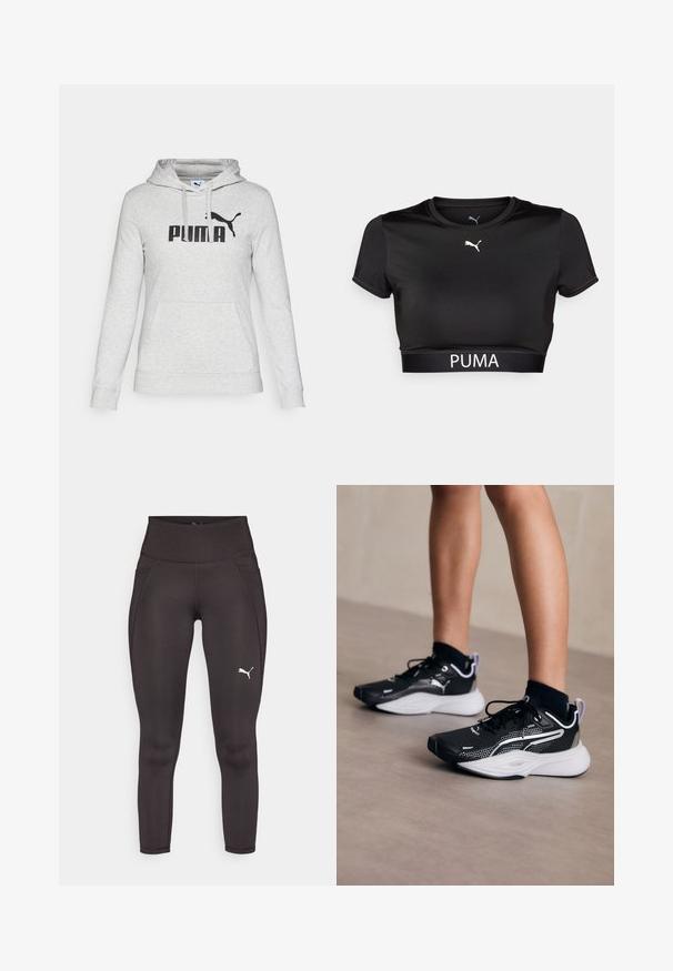 Siv sweatshirt s kapuco, izdelan iz mehkega blaga, s velikim črnim logotipom "PUMA" in kenguru žepom spredaj. Dolgi rokavi.; Črna krojena majica z gladkim materialom, z okroglo ovratnikom, kratkimi rokavi in belim PUMA logotipom čez pas.; Črne športne legice iz raztegljivega materiala z visokim pasom, z bočnimi žepi in belim logotipom na levi nogi.; Črne športne čevlje z belimi detajli, mrežasto zgornji del, vezalke in oblazinjen petni del. Opremljeni so z teksturiranim podplatom za oprijem.