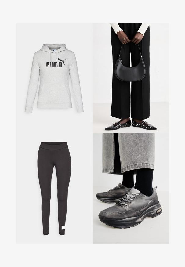 Felpa grigia con cappuccio realizzata in tessuto morbido, caratterizzata da un grande logo nero "PUMA" e una tasca a marsupio sul davanti. Maniche lunghe.; Leggings neri realizzati in tessuto elastico, con una cintura alta e un logo bianco stampato sulla parte inferiore della gamba sinistra. Texture liscia.; Le scarpe da ginnastica nere e grigie presentano una tomaia in rete, suole spesse e lacci. Hanno una punta arrotondata e un dettaglio di ammortizzazione visibile.; Borsa a spalla in pelle nera con forma arrotondata, finitura lucida e accessori in argento. Persona che indossa pantaloni ampi neri e mocassini con borchie.