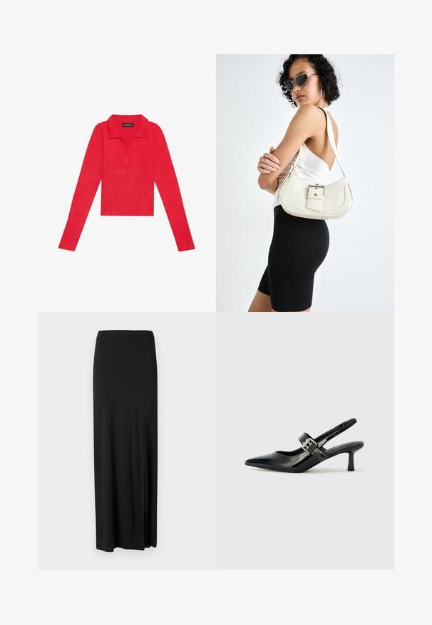 Top lung cu mânecă lungă roșie, cu dantelă și clapetă, având un design ajustat și o textură netedă. Eticheta este vizibilă în interiorul gulerului.; Fustă maxi neagră, fabricată dintr-un material moale și elastic. Dispune de o fanta pe lateral și un design simplu, fluid, fără embellishments.; Sandale cu toc din piele patent neagră, cu vârful ascuțit și un toc mic bloc, având un accent cu cataramă argintie pe curea.; Geantă de piele albă cu o formă curbată, curea reglabilă și un detaliu mic cu cataramă. Modelul poartă o ținută neagră ajustată.
