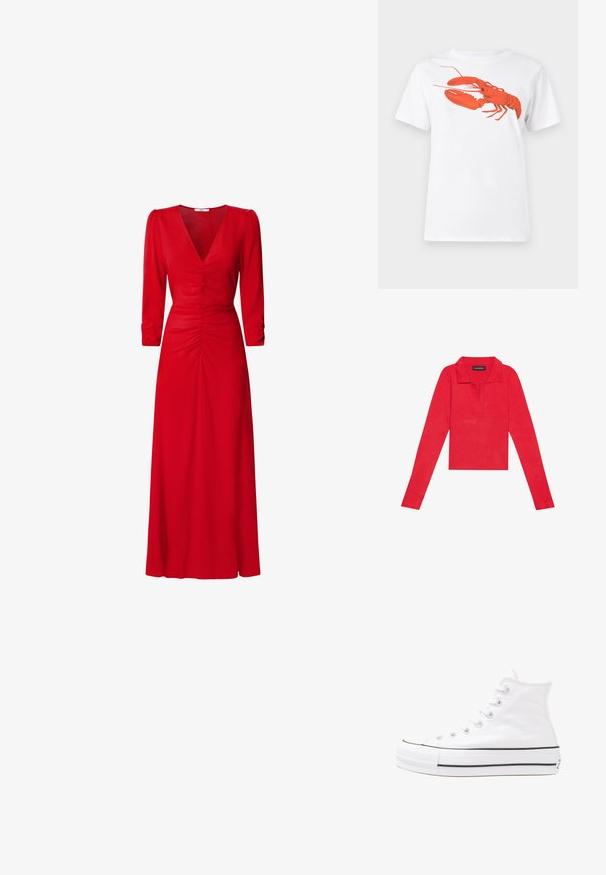 Punane sooniline pikakäistega pluus krae ja nööpidega, millel on figuuri jälgiv disain ja sile tekstuur. Silt on nähtav krae seest.; Valge puuvillane T-särk, mille ees on suur erkpunane homaarigraafika. Lühikesed varrukad ja tavaline ümar kaelus.; Punane kleit V-kaelusega, kolmeveerandvarrukatega ja kokku tõmmatud detailidega vöökoha ja selja juures. Kangas näib olevat sile ja kerge.; Valge kõrgem kangast tenniseking, millel on must kummist tald, ees kummist varvasetugi ja kuus aukku paelte jaoks, pakkudes puhta ja minimalistliku disaini.; Punane nahast käekott, millel on nurkadega geomeetriline disain. Omab ühte reguleeritavat rihma ja klappidega sulgemist, millel on õmblustega kaunistused.