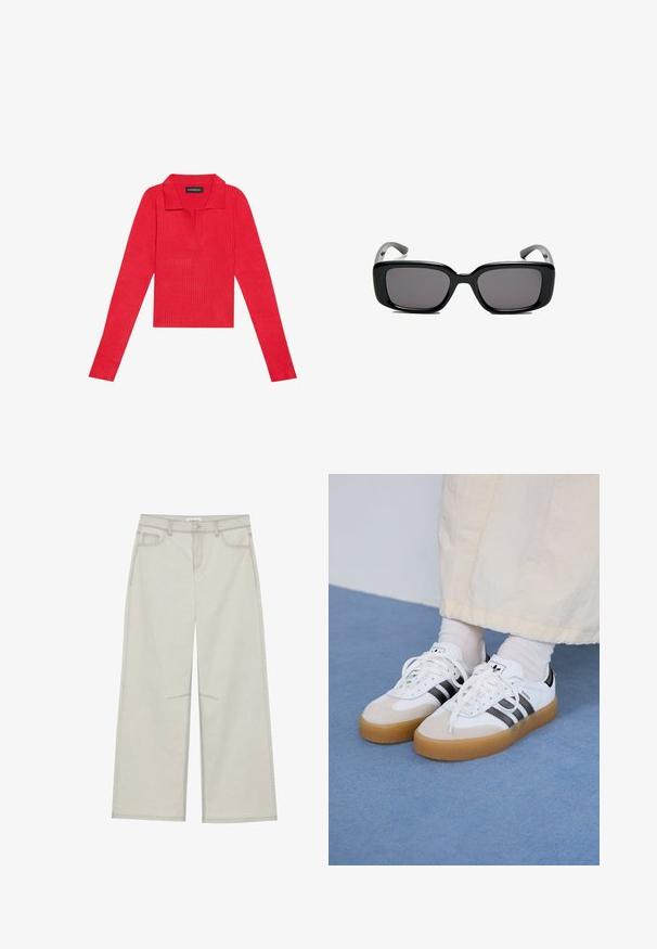Rdeča rebrasta dolgosleeve majica s ovratnikom in zapenjanjem, ki ima oprijeto zasnovo in gladko teksturo. Oznaka je vidna znotraj ovratnika.; Svetlo sivi široki hlače s pet žepov, sprednjem zapiranju na gumb in kontrastnim šivom ob šivih. Tkanina izgledata mehka in trpežna.; Bele tene škornje s črnimi črtami in bež usnjenimi detajli. Imajo teksturirano gumijasto podplat in ravne bele vezalke, nosijo se z svetlimi nogavicami.; Črne pravokotne sončne očala z temnimi lečami, gladkim plastičnim okvirjem in ukrivljenimi nogicami. Oblika je robustna in minimalistična.